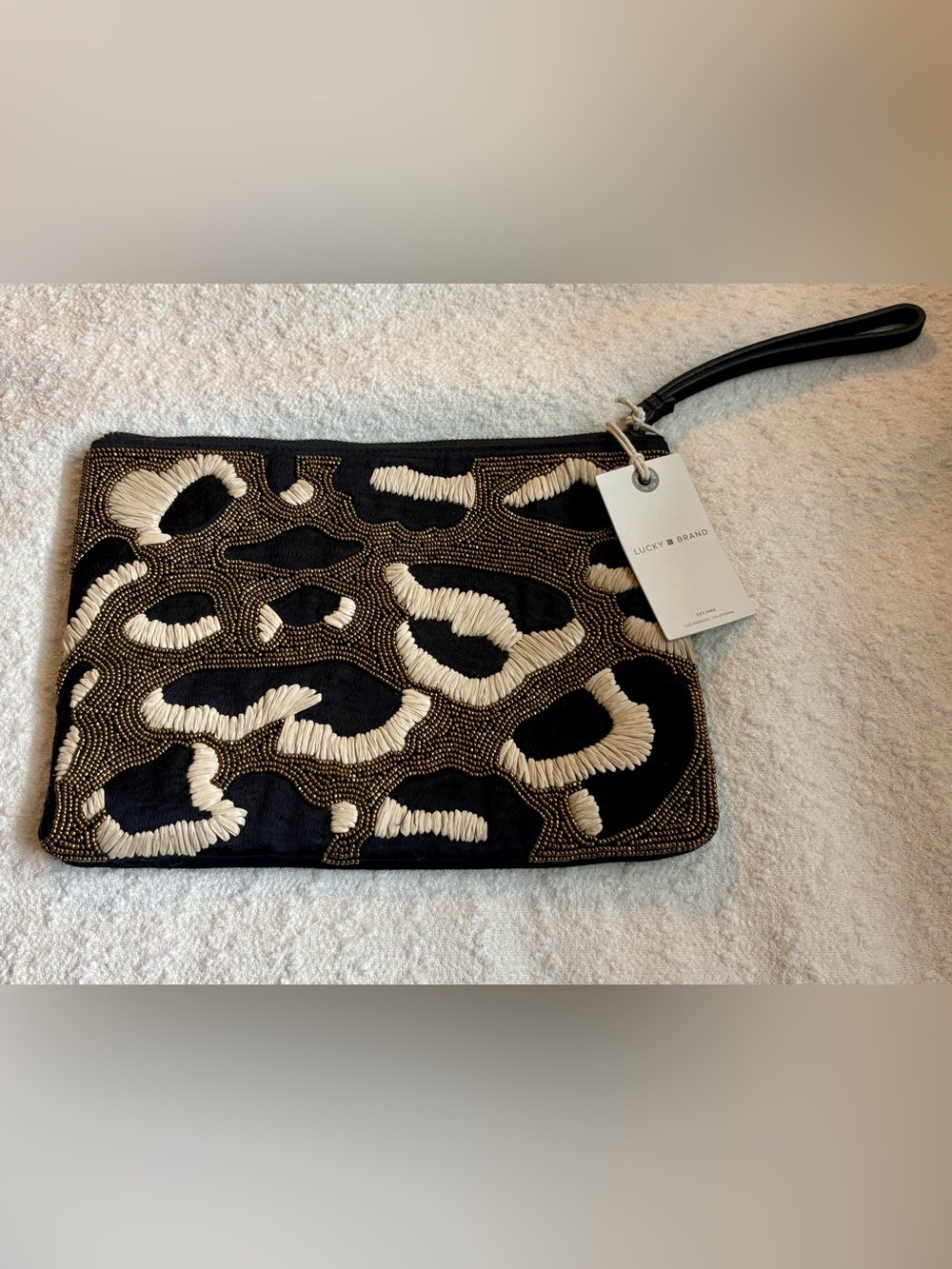 Lucky Brand Black & Cream Beaded Animal-Print Wristlet